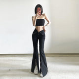 Niche Designer Black V-shaped Flanging Zipper Bootcut Trousers Slimming High Waist Slit Casual Trousers - Nioor