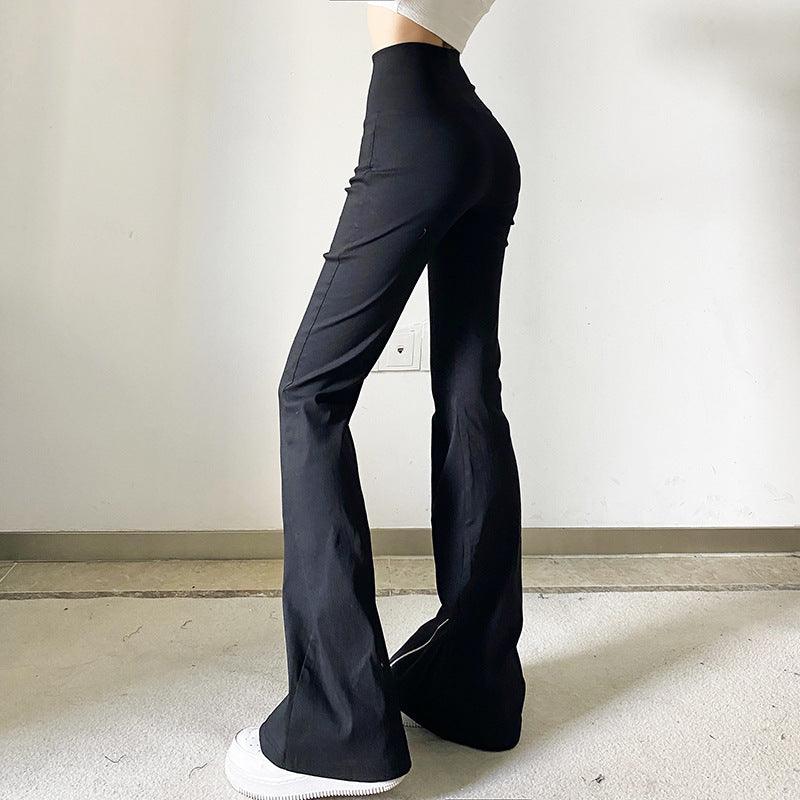 Niche Designer Black V-shaped Flanging Zipper Bootcut Trousers Slimming High Waist Slit Casual Trousers - Nioor