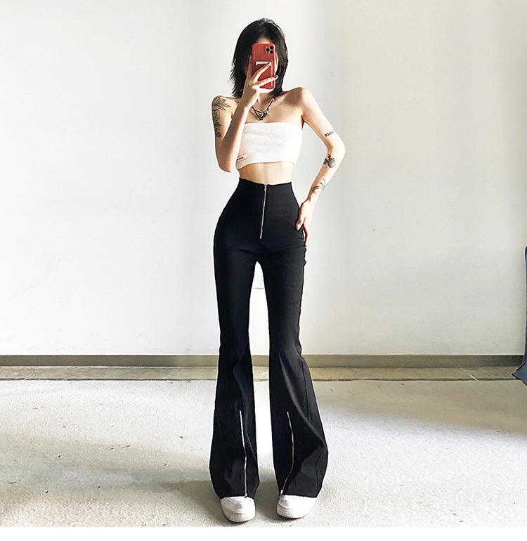 Niche Designer Black V-shaped Flanging Zipper Bootcut Trousers Slimming High Waist Slit Casual Trousers - Nioor