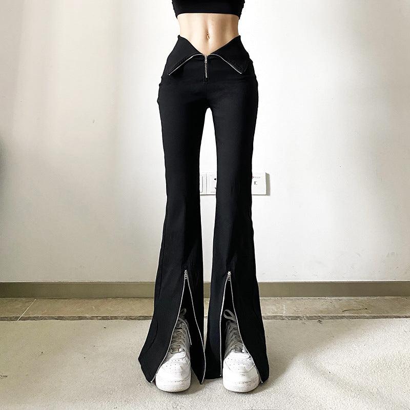 Niche Designer Black V-shaped Flanging Zipper Bootcut Trousers Slimming High Waist Slit Casual Trousers - Nioor