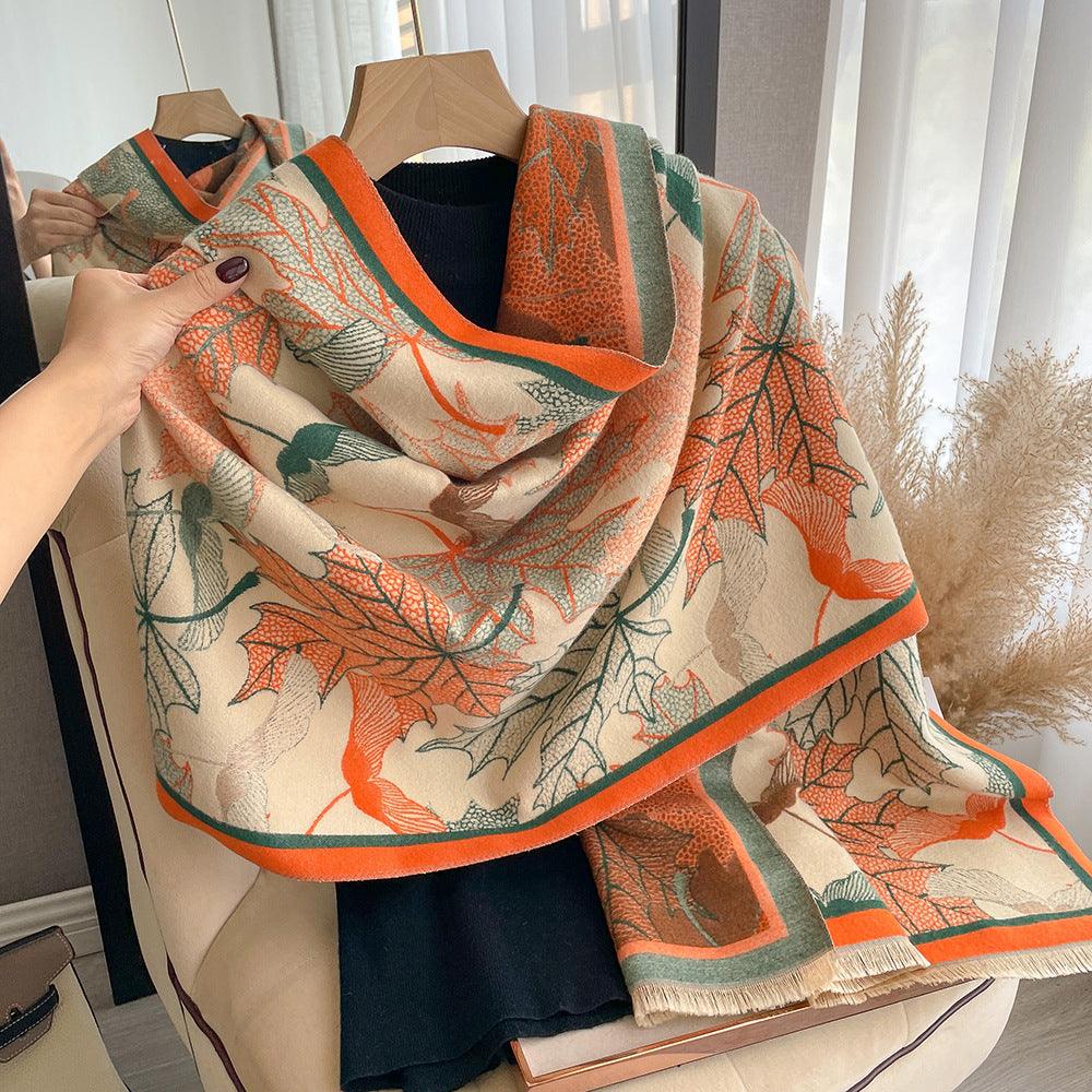 Artificial Cashmere Scarf Women's Elegant New Maple Leaf Printed Shawl - Nioor