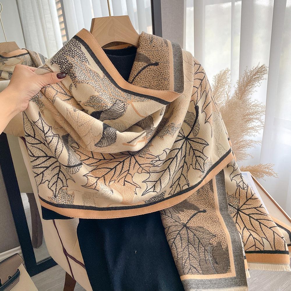 Artificial Cashmere Scarf Women's Elegant New Maple Leaf Printed Shawl - Nioor