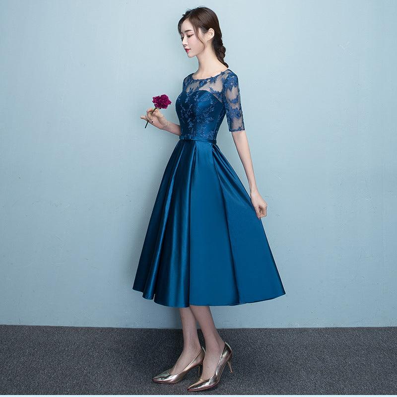 Western Style Summer Banquet Mid-length Elegant Party Blue Slim-looking Annual Party Evening Dress - Nioor