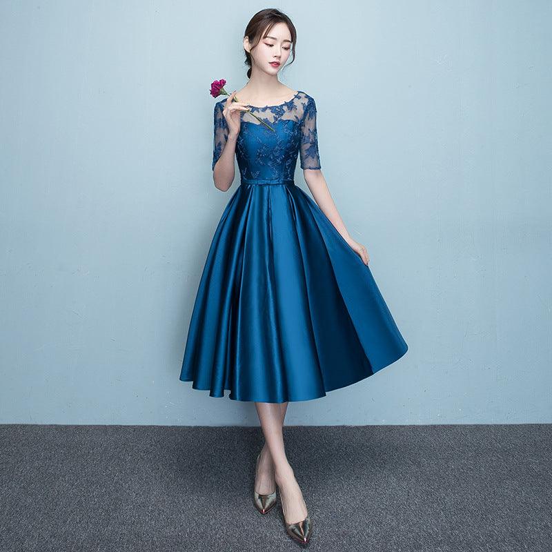 Western Style Summer Banquet Mid-length Elegant Party Blue Slim-looking Annual Party Evening Dress - Nioor