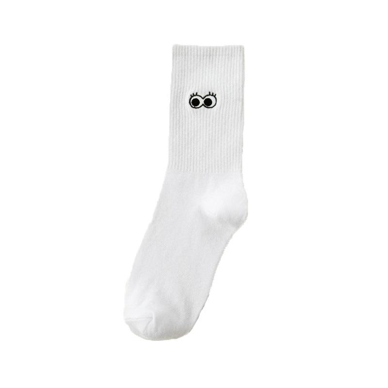 White Japanese Cartoon Embroidery Tube Socks - Nioor