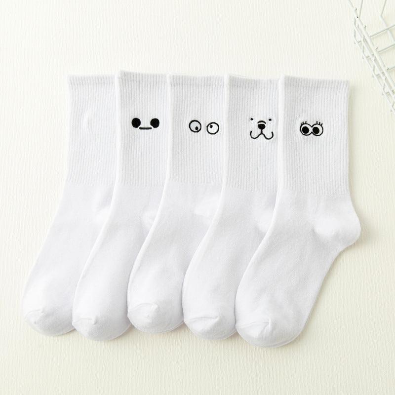 White Japanese Cartoon Embroidery Tube Socks - Nioor