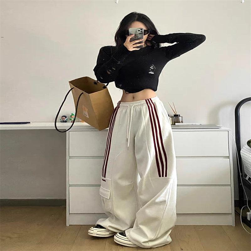 Retro Three Bars Casual Sports Pants Female Wide Leg Sweatpants - Nioor