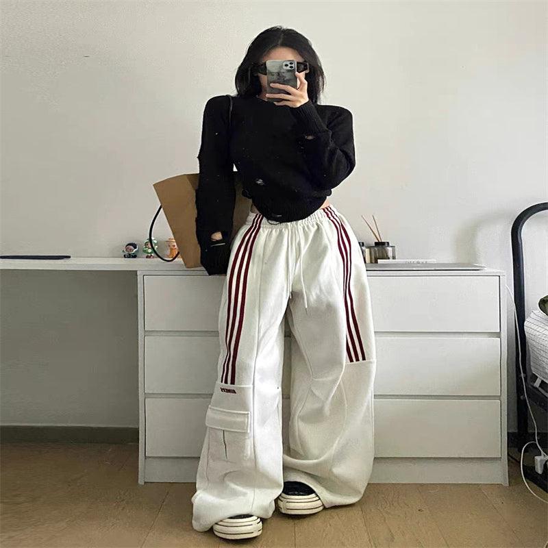 Retro Three Bars Casual Sports Pants Female Wide Leg Sweatpants - Nioor