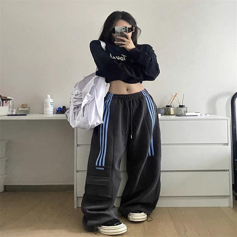 Retro Three Bars Casual Sports Pants Female Wide Leg Sweatpants - Nioor