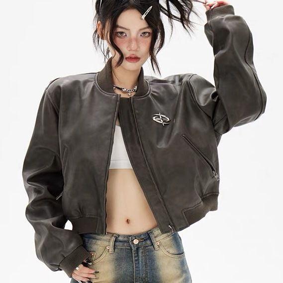 Retro Brown Short Motorcycle Small Leather Coat Pu Jacket Baseball Uniform Baggy Coat Women - Nioor