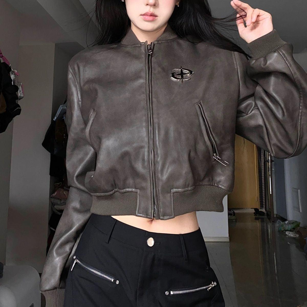 Retro Brown Short Motorcycle Small Leather Coat Pu Jacket Baseball Uniform Baggy Coat Women - Nioor