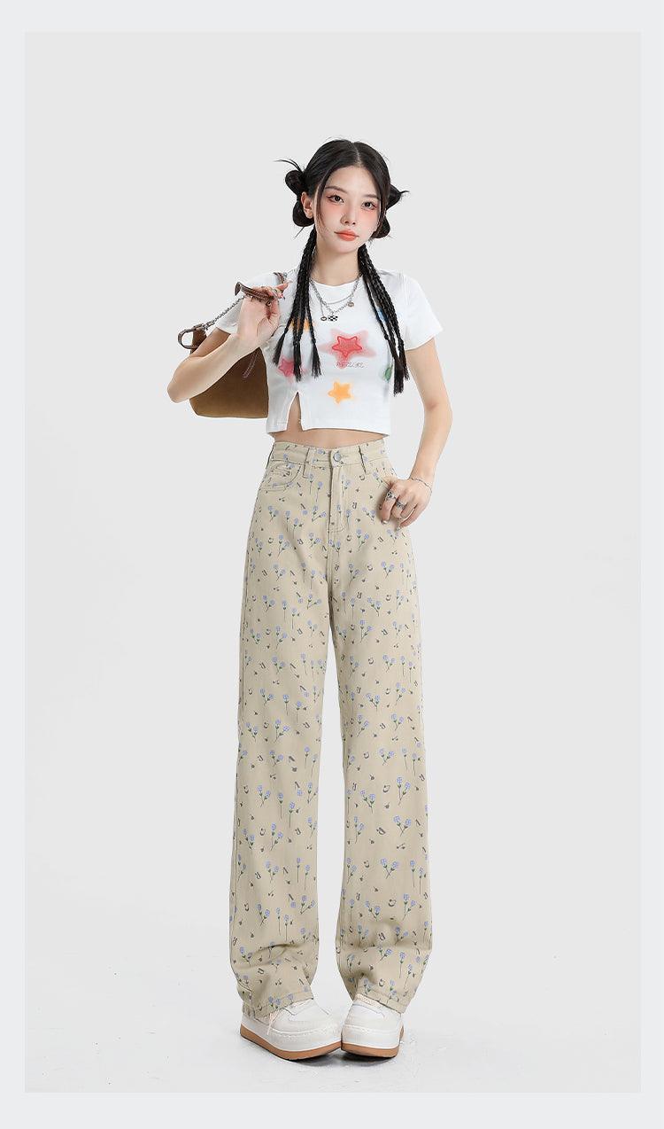 Vintage Floral High Waist Jeans Women's Wide Leg Straight Casual Pants - Nioor