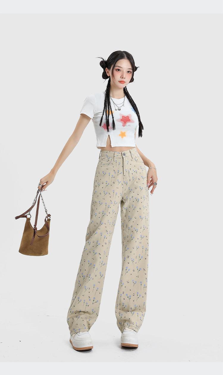 Vintage Floral High Waist Jeans Women's Wide Leg Straight Casual Pants - Nioor