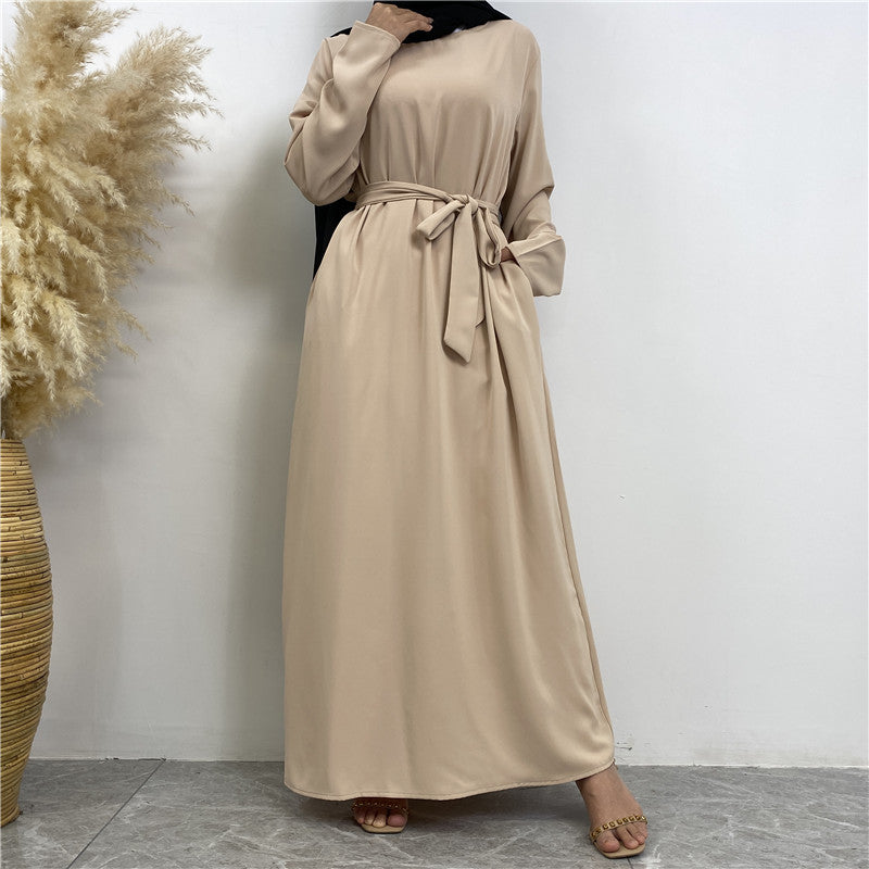 Clear Color Lace Up Muslim Dress With Pockets