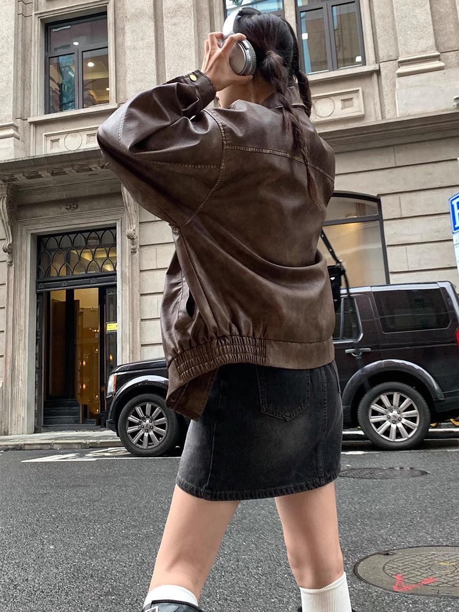 Retro Brushed Vintage Brown Leather Coat For Women Spring And Autumn - Nioor