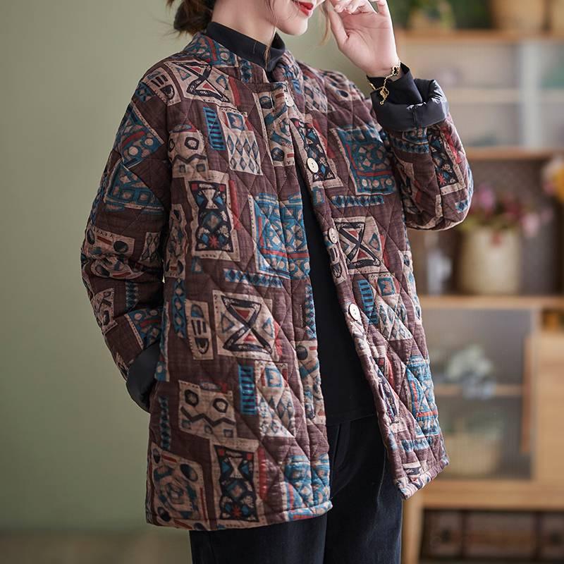 Ethnic Style Vintage Printed Quilted Stand Collar Jacket Winter Thick Cotton Coat - Nioor