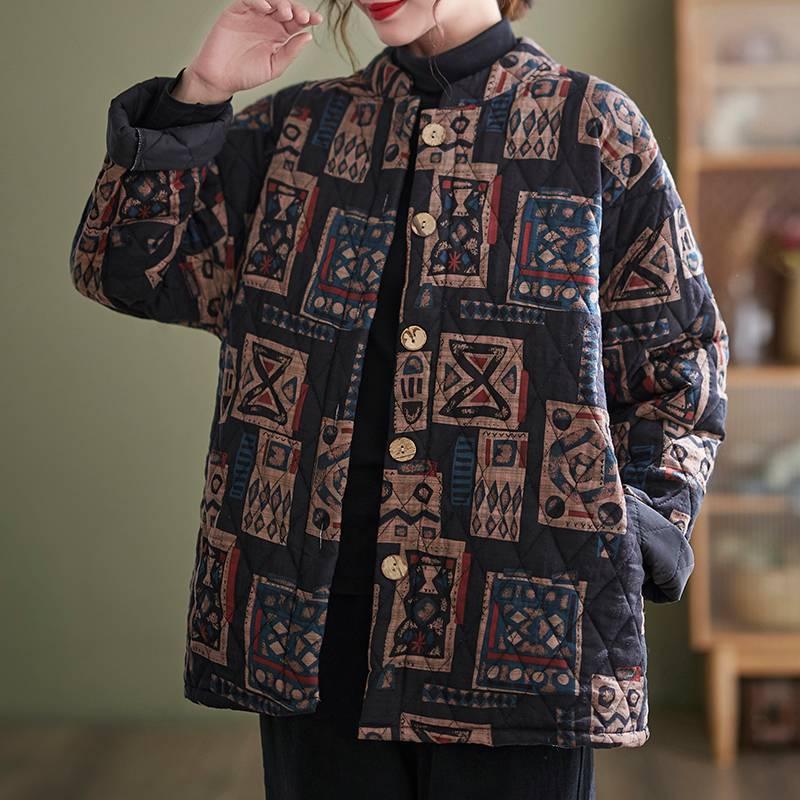 Ethnic Style Vintage Printed Quilted Stand Collar Jacket Winter Thick Cotton Coat - Nioor