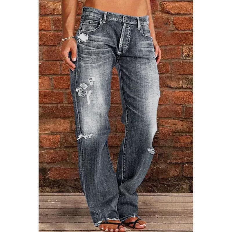 Women's Denim Trend Mid Waist Ripped Leisure Straight-leg Pants - Nioor