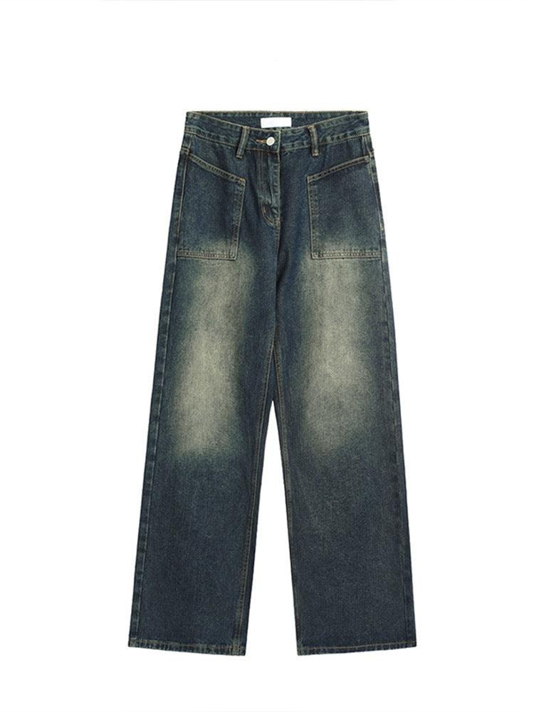 Antique Dark Blue Yellow Mud Color Washed Distressed Straight Jeans - Nioor