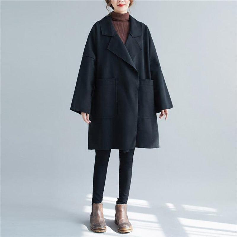 Korean Style Mid-length Woolen Coat For Fat Girls Slimming Trench Coat - Nioor