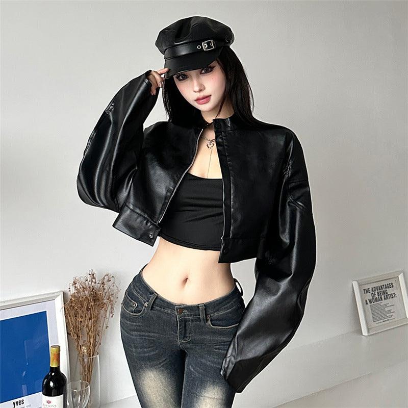 Single-breasted Leather Coat Midriff-baring Loose Coat - Nioor