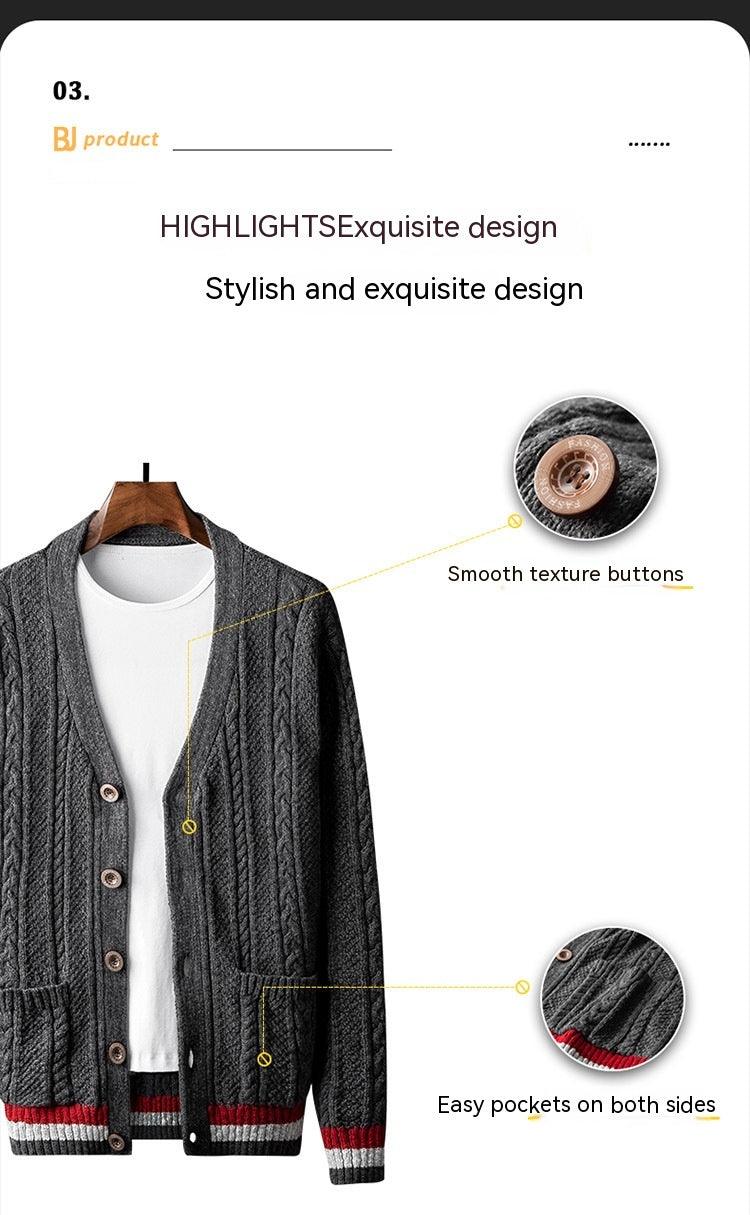 American Style Trend Pure Cotton Cardigan Sweater Plus Size V-neck Coat Contrast Color Men - Nioor
