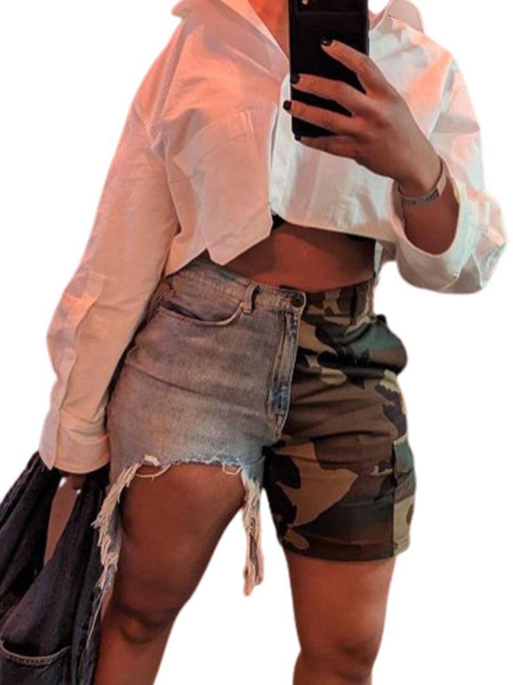 Women's Denim Stitched Camouflage Shorts - Nioor