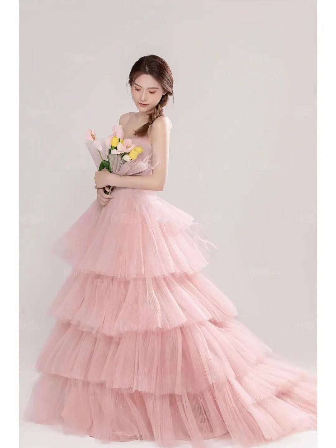 Elegant Girl's Wedding Photography Dress Pink White - Nioor