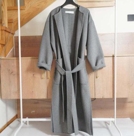 Gray Collarless Loose Side Slit Belt Lace-up Long Lazy Woolen Coat - Nioor