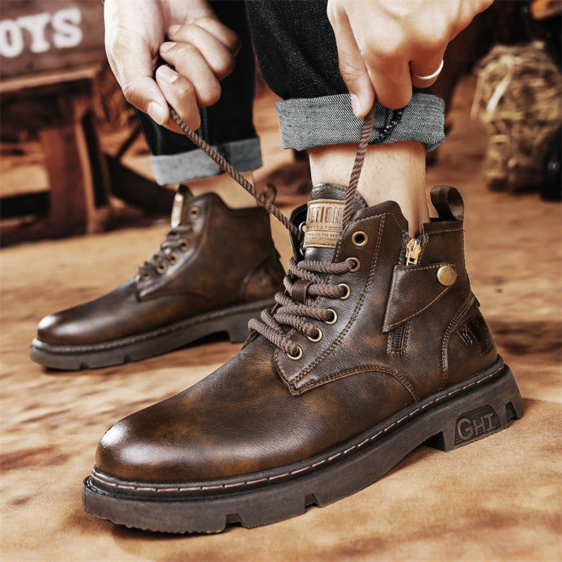 Men's High-top Retro Side Zipper Motorcycle Leather Boots