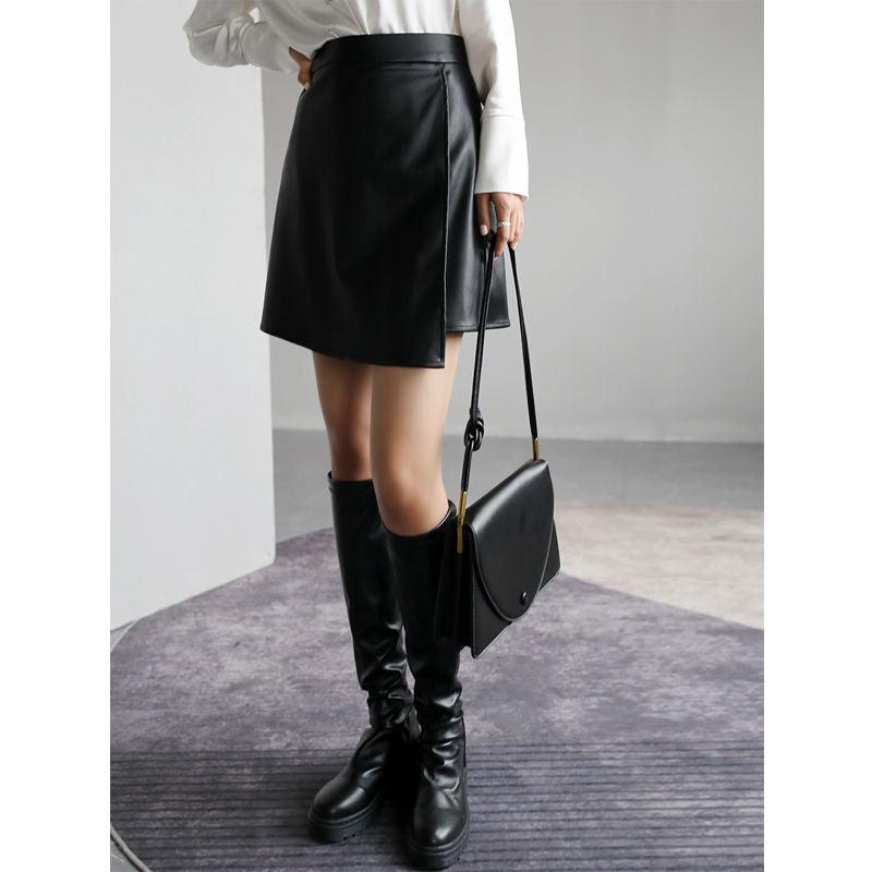 Retro High Waist PU Leather A- Line Small Leather Skirt Temperament Hip Skirt Skirt Women's Split Skirt - Nioor