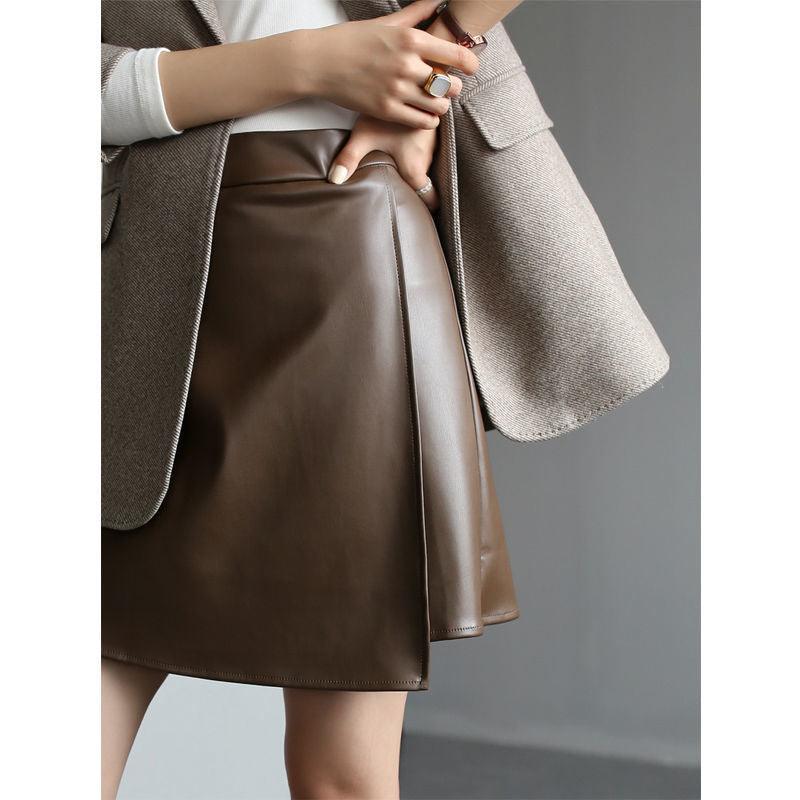 Retro High Waist PU Leather A- Line Small Leather Skirt Temperament Hip Skirt Skirt Women's Split Skirt - Nioor