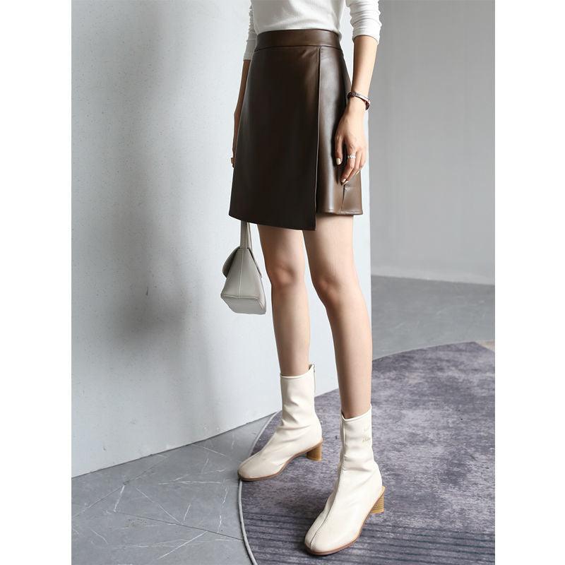 Retro High Waist PU Leather A- Line Small Leather Skirt Temperament Hip Skirt Skirt Women's Split Skirt - Nioor