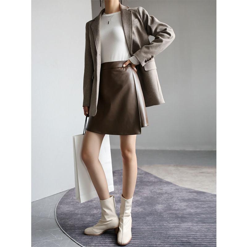 Retro High Waist PU Leather A- Line Small Leather Skirt Temperament Hip Skirt Skirt Women's Split Skirt - Nioor