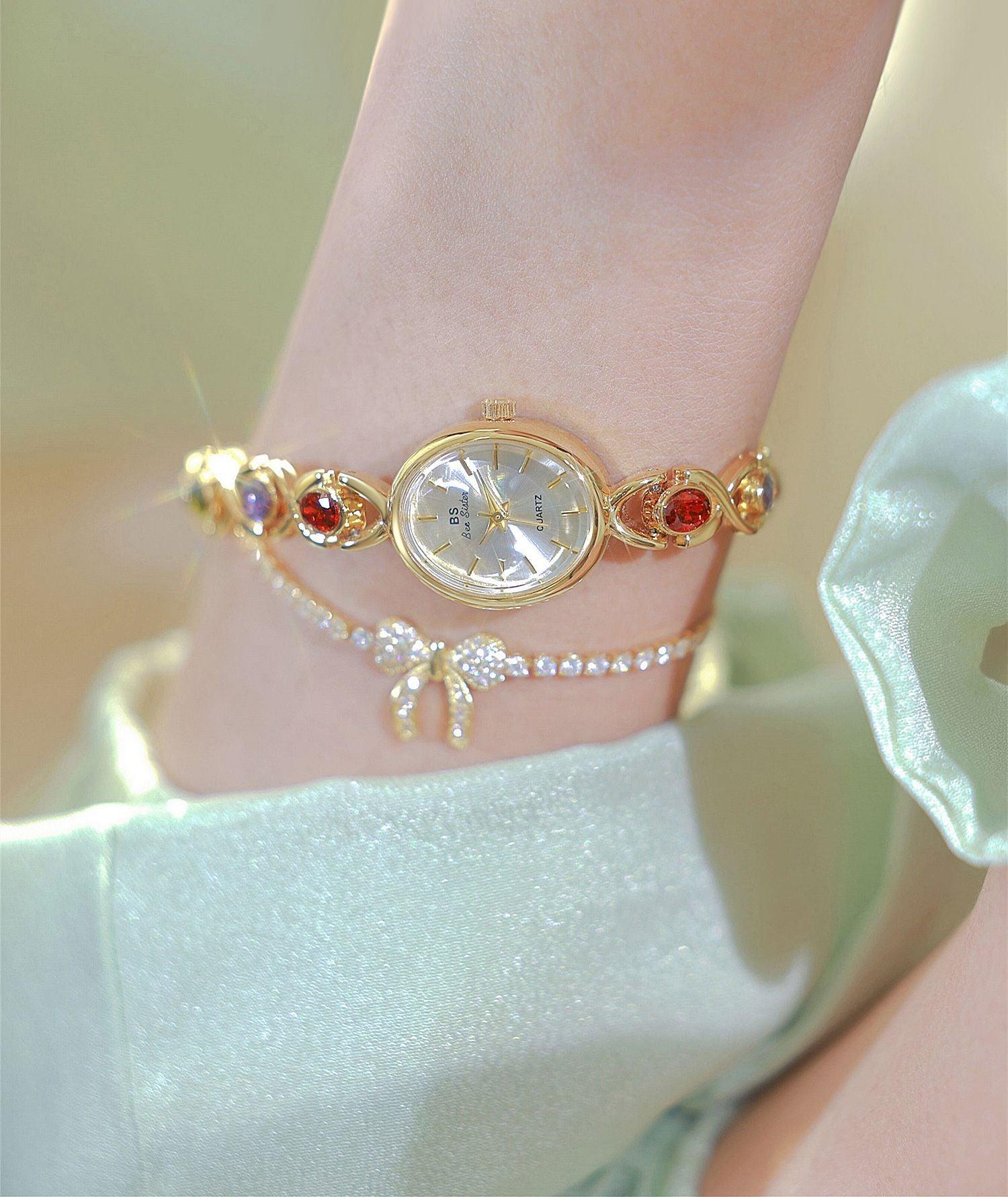 Mid-ancient Fashion Oval Colored Gems Rainbow Light Luxury Watch - Nioor