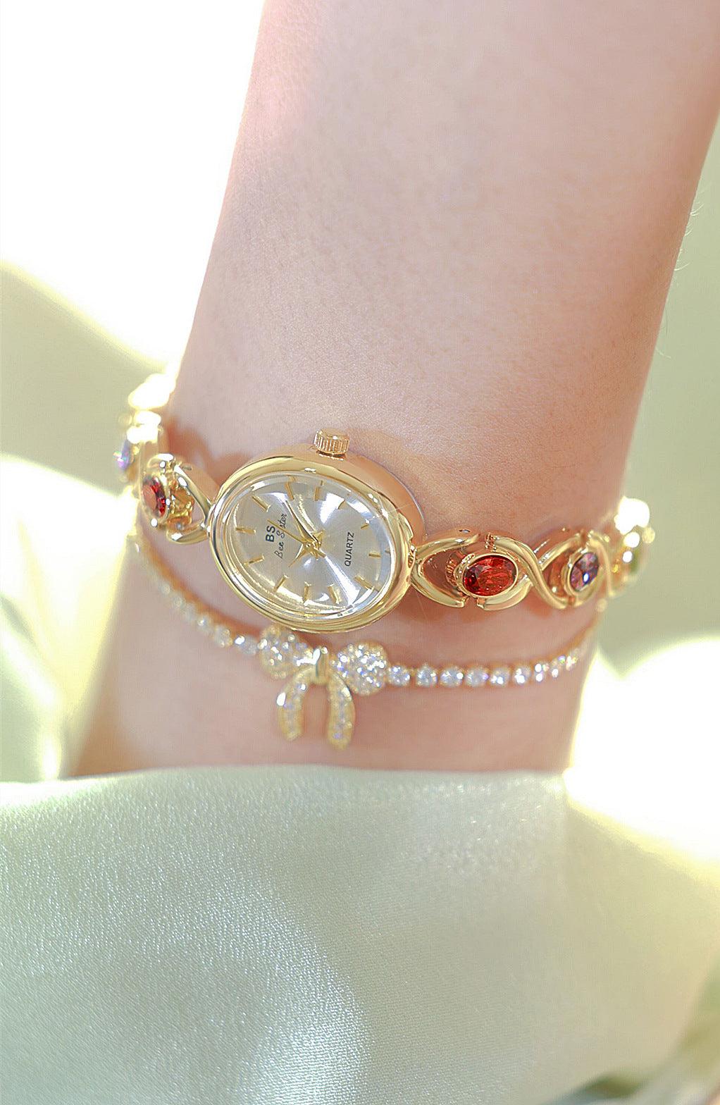 Mid-ancient Fashion Oval Colored Gems Rainbow Light Luxury Watch - Nioor