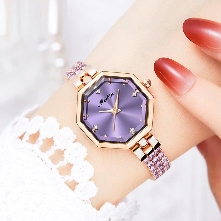 Octagonal Women's Jewelry Buckle Light Luxury Rose Stone British Watch - Nioor