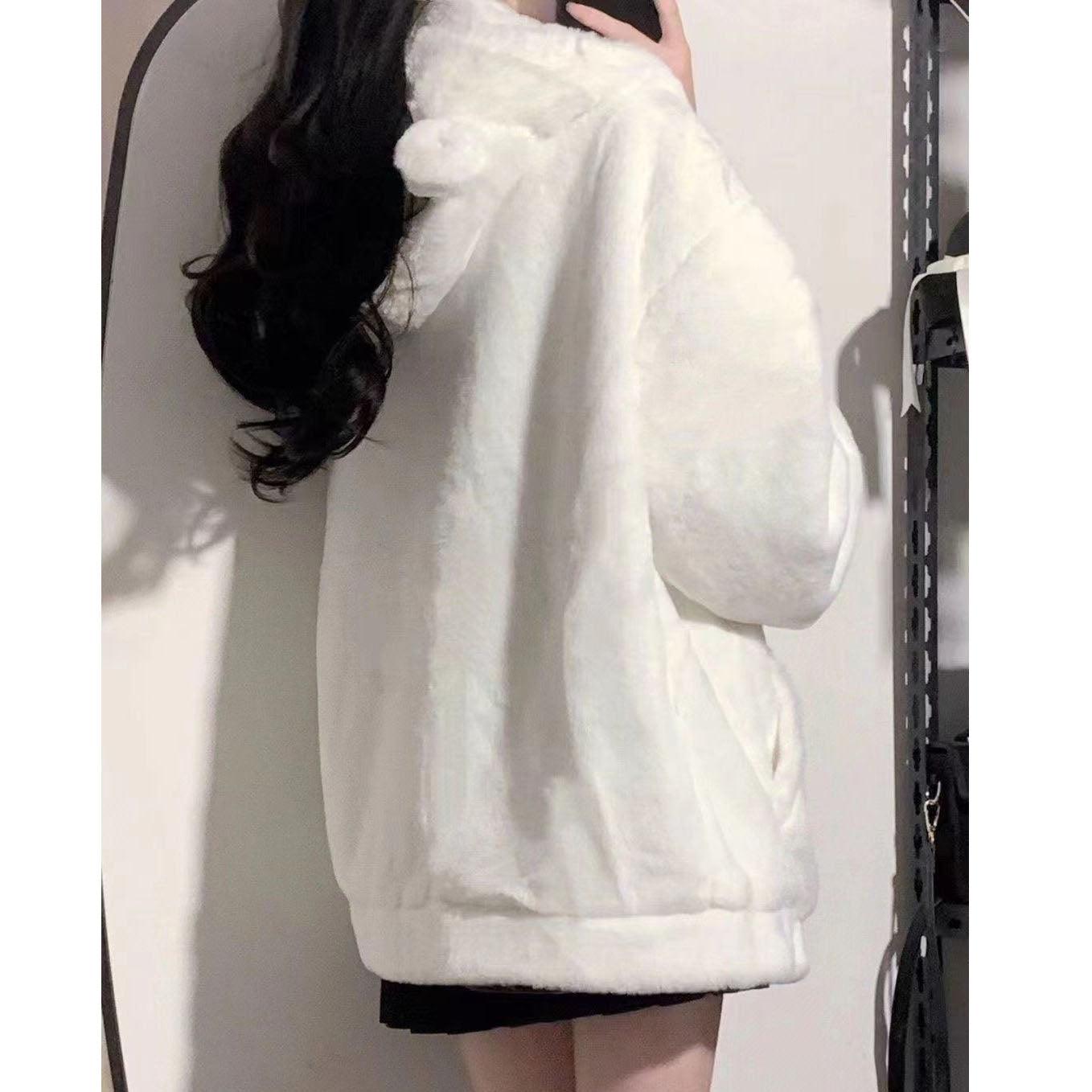 Women's Zipper Hooded Sweater Padded Fleece Sweater Plus Size White Top Cute Soft Winter Clothing Coat - Nioor