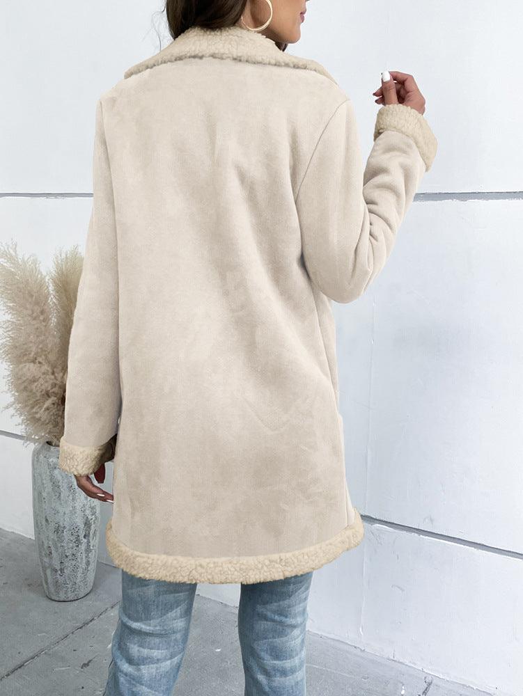 Long Sleeve Lapel Suede Elegant Woolen Coat - Nioor