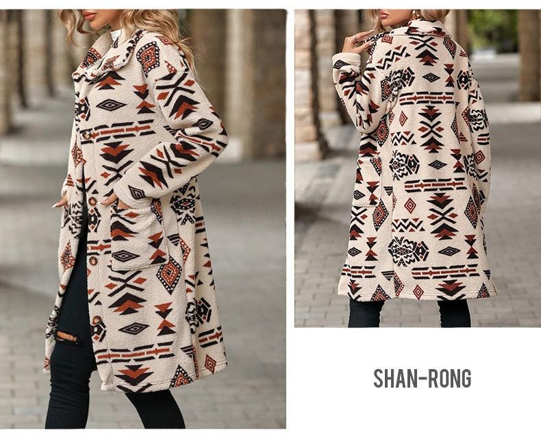 European And American Single-breasted Ethnic Print Plush Long Overcoat Outerwear - Nioor