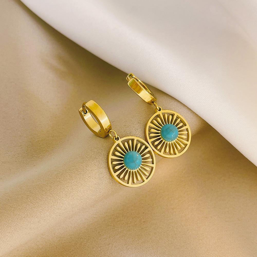 Geometric Round Hollow Earrings Turquoise French Retro - Nioor