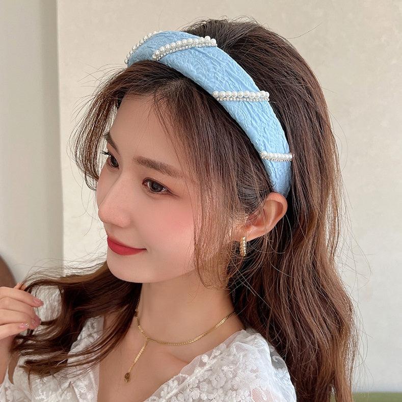 Mesh Pearl Small Flower Blue Color Face Wash Hair Bands Female - Nioor