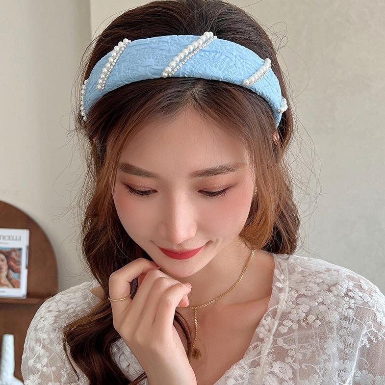 Mesh Pearl Small Flower Blue Color Face Wash Hair Bands Female - Nioor