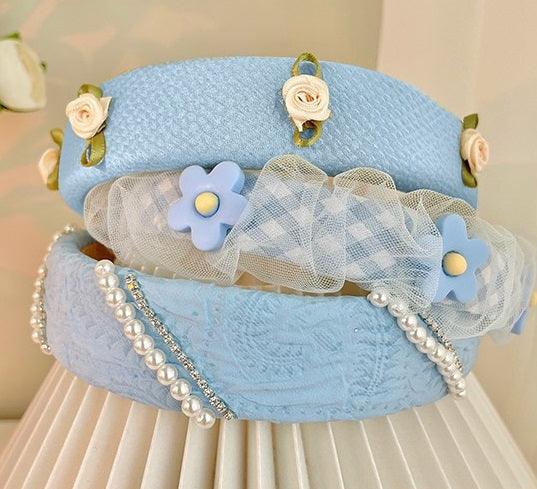 Mesh Pearl Small Flower Blue Color Face Wash Hair Bands Female - Nioor