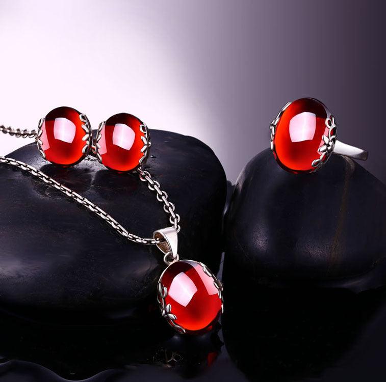 S925 sterling silver jewelry set retro gorgeous red zircon bridal jewelry, high-end fashion silver wholesale - Nioor