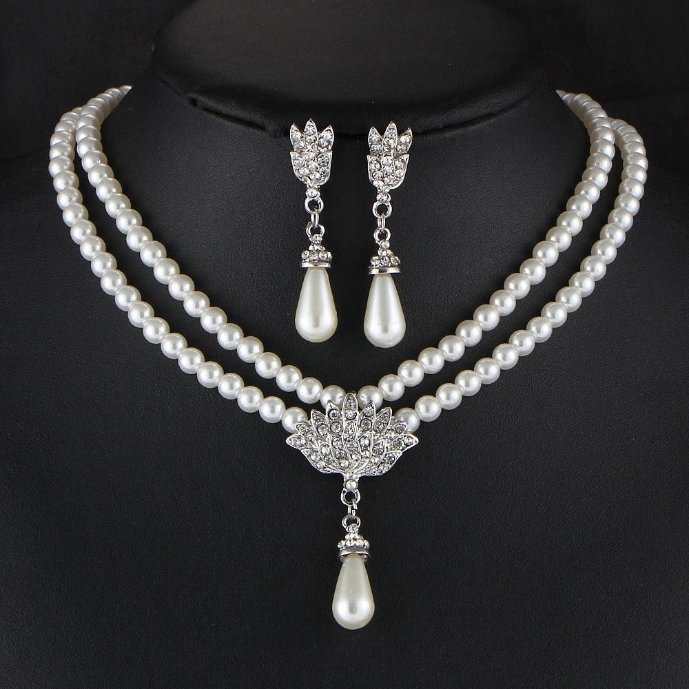 Jewelry Bridal Pearl Crystal Diamond Short Clavicle Neck Necklace Set - Nioor