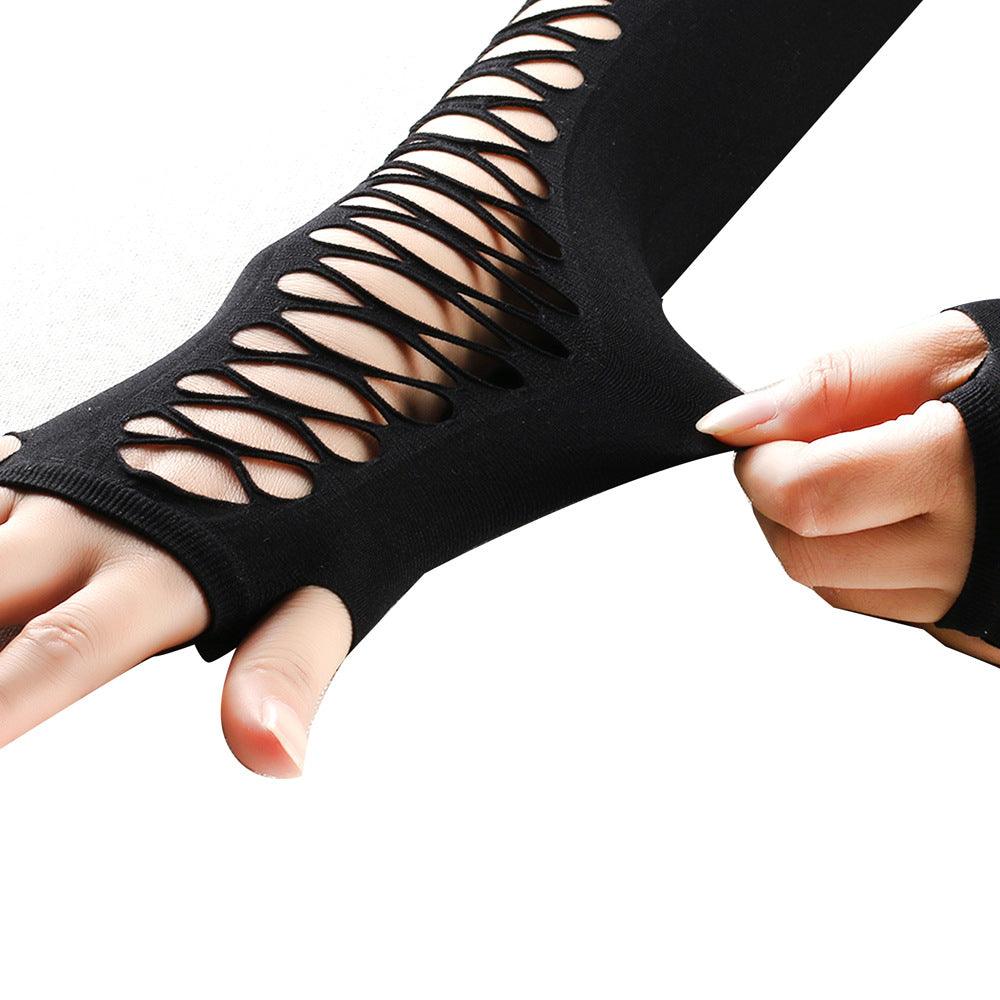 Mid-length Ripped Gloves Hollow Cross Mesh - Nioor