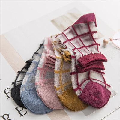 Spring And Summer New Women's Socks Japanese Style Plaid Ultra-thin Transparent - Nioor