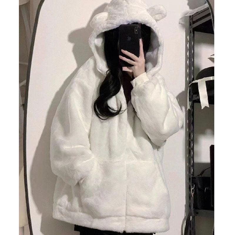 Women's Zipper Hooded Sweater Padded Fleece Sweater Plus Size White Top Cute Soft Winter Clothing Coat - Nioor