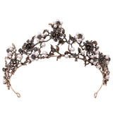 Floral Black Diamond Pearl Baroque Bridal Crown Wedding Tiara Accessories - Nioor